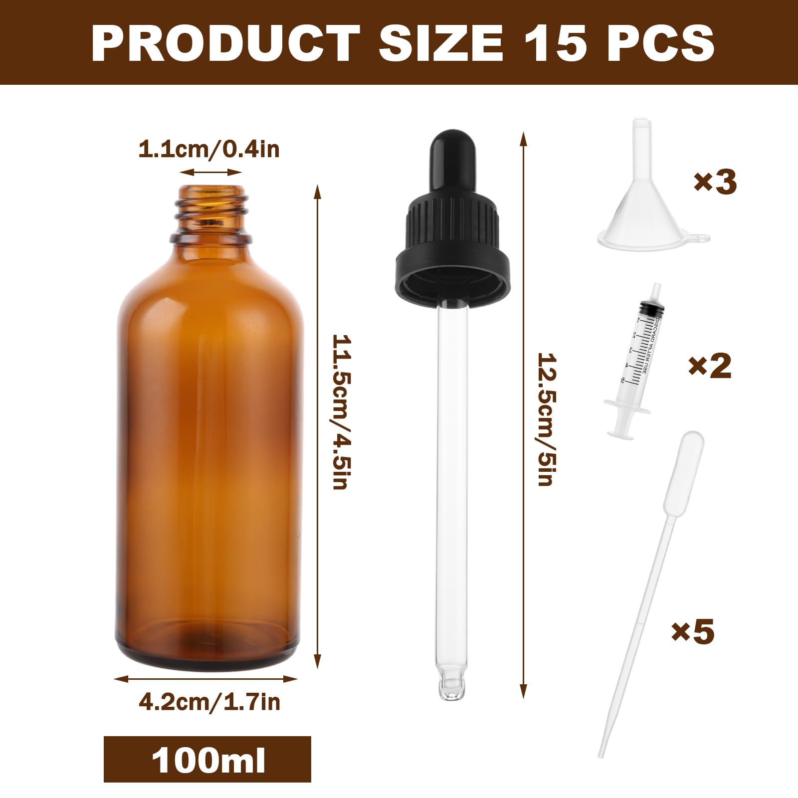 MUXHEL 15PCS Pipette Dropper Bottle 100ml Dropper Bottle Amber Glass bottle with Glass Pipette Funnels & Labels for Aromatherapy Blends Essential Oils Liquids - Image 2