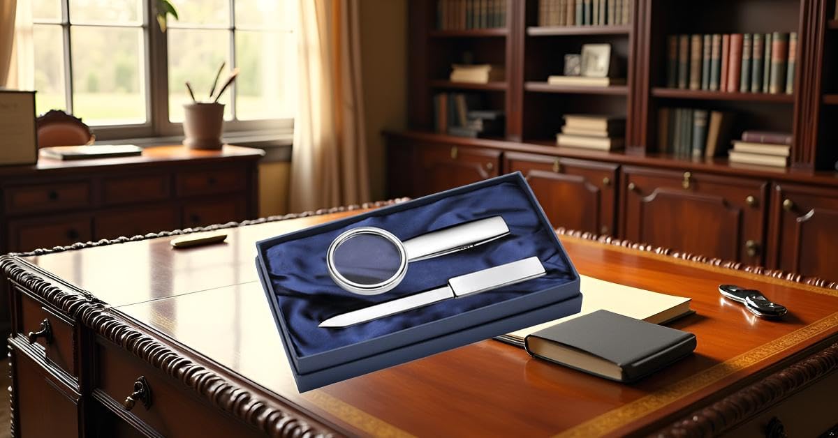 Lupe & Brieföffner Set | Silber Plated versilbert | Edles Schreibtisch-Set | Inkl. Geschenkbox | Premium