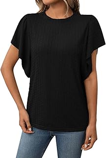 Elegante camiseta de mujer con cuello redondo y mangas aleteadas, diseño estructurado para uso diario y ocio