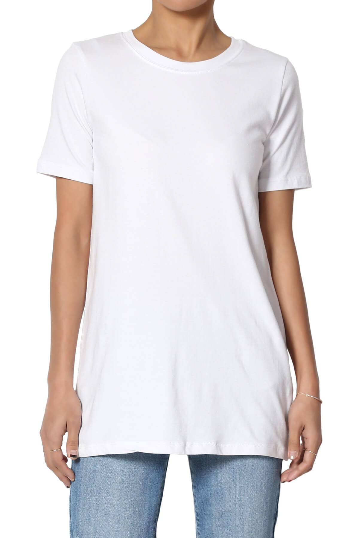 Women's Basic Cotton Span Crew Neck Relxed Slim Fit Tee Tunic Length T-Shirt