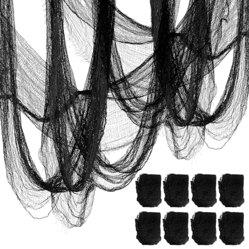8 Pack Halloween Black Gauze Wall Decor Outdoor Halloween Fake Spider Web Decorations Webbing Cobwebs Mesh Spooky Fabric 30X72 in Black Cheesecloth for Haunted House Indoor Creepy Cloth (8 Black)