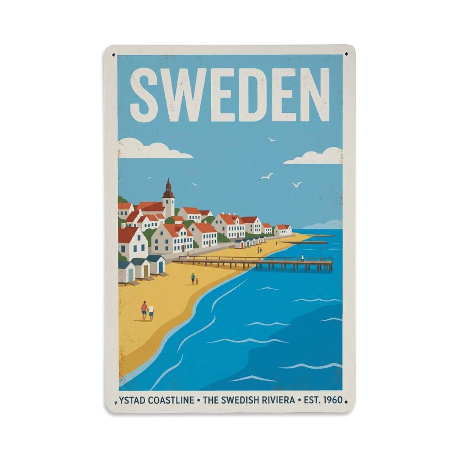 Vintage Travel Ystad Sweden Coastline Metal Tin Sign
