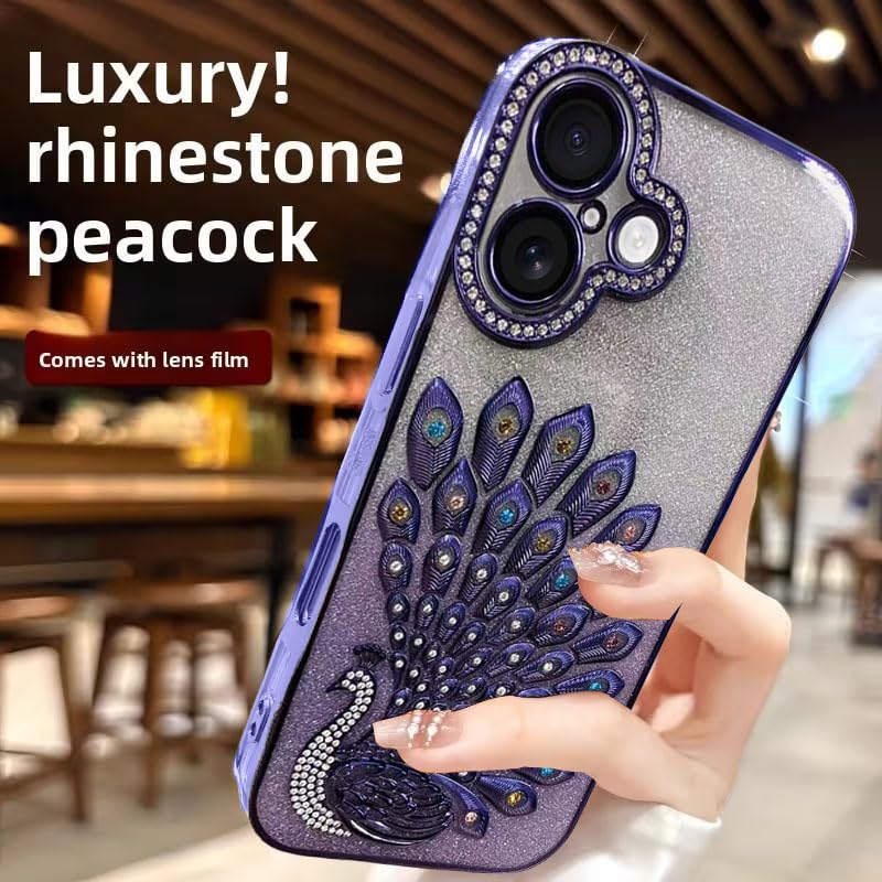 Image of mobistyle Case for iPhone 16,3D Diamond Luxury Electroplate Glitter Peacock Tail Bling Design Camera Protection Shockproof Phone Case for (Purple, iPhone 16)