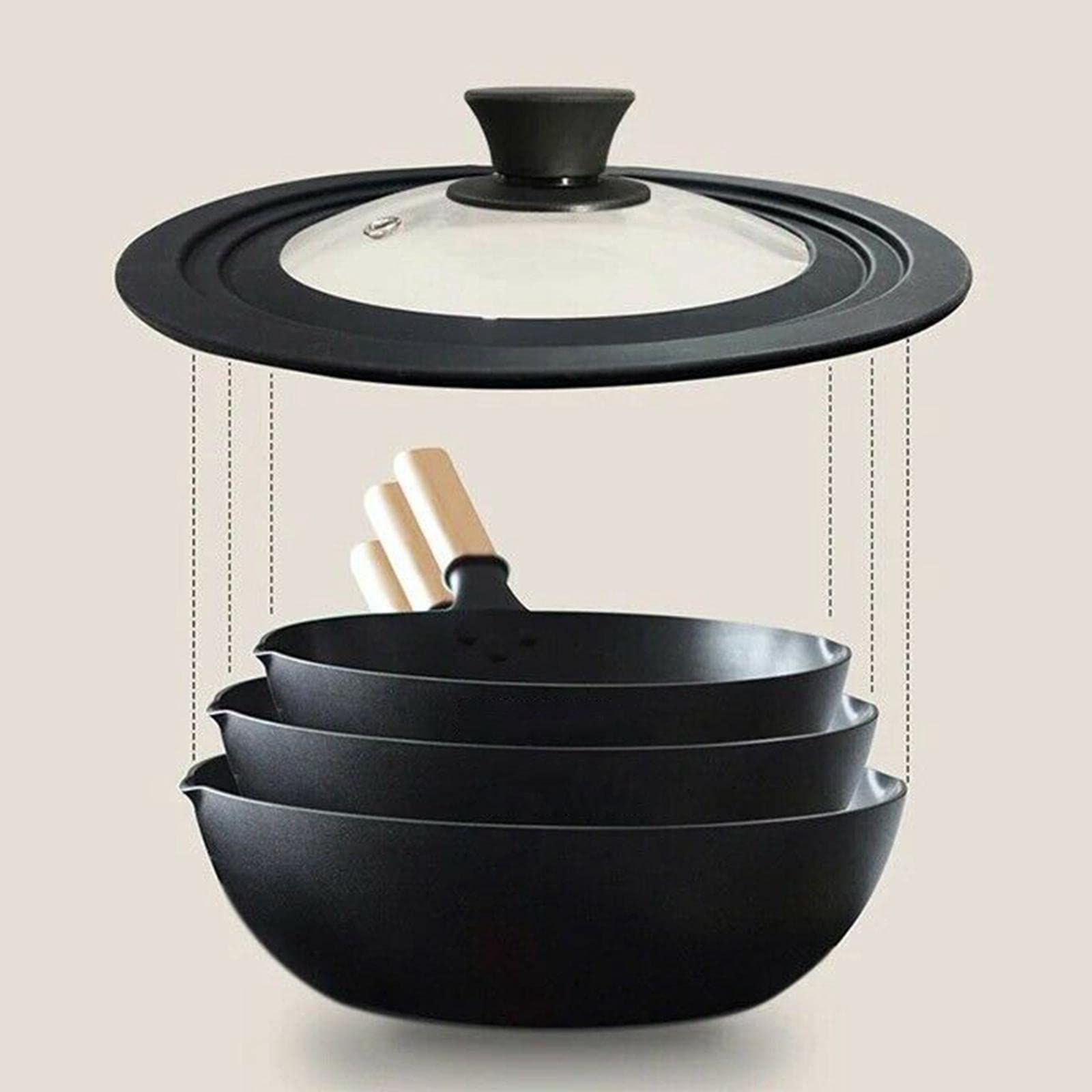Milageto Tapa Universal Tapa de Sartén con Vidrio Transparente Y Silicona Antihuellas Resistente Al para Evitar Derrames Adecuada para Hogar Y, Black_34cm