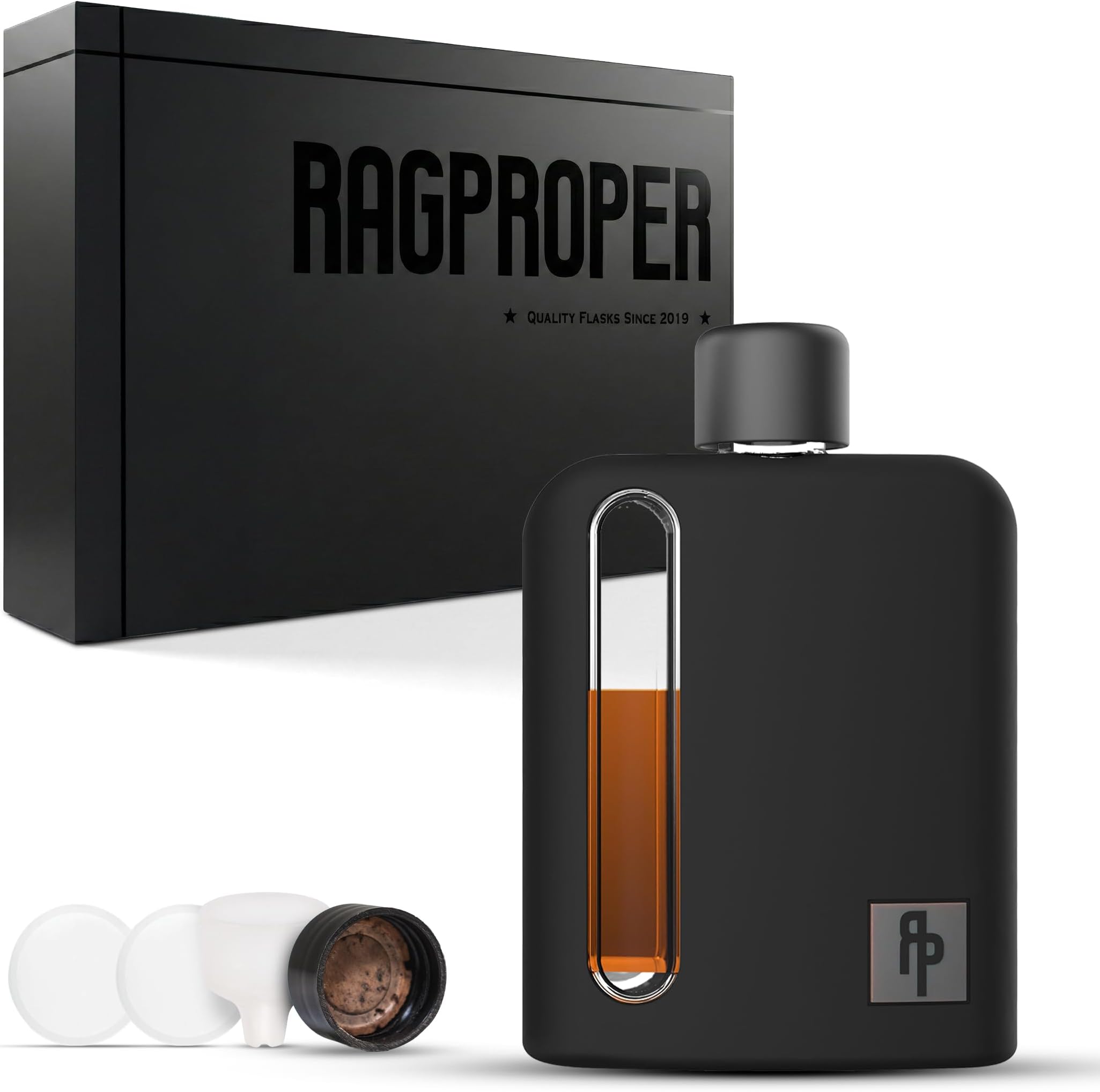 Ragproper Modern Glass Hip Flask - Durable Liquor Flask for Spirits with Cork and Silicone Lid Liners, Metal and Sneaky Plastic Lids, Smooth Pour Funnel, Silicone Sleeve, Single Shot 100ml