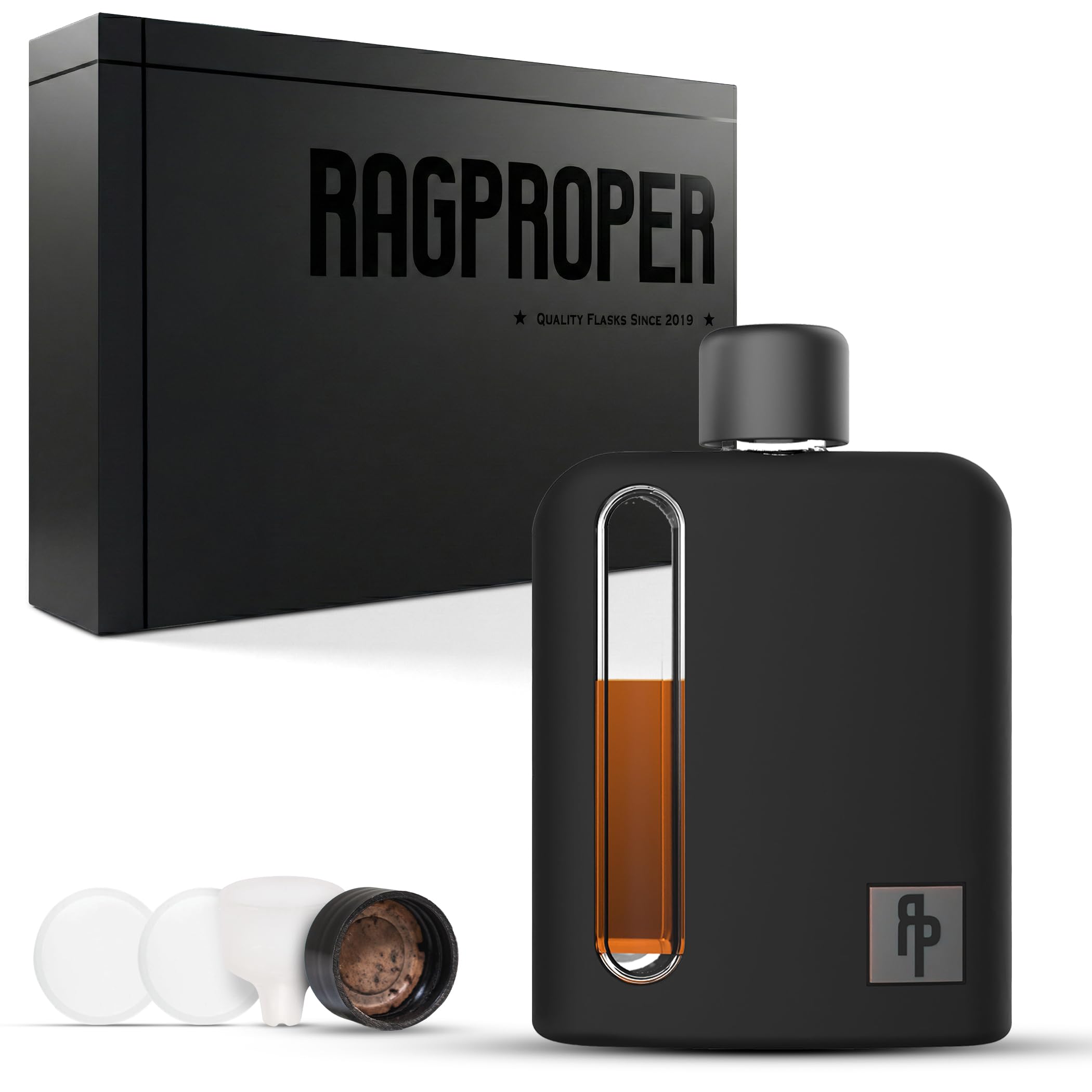 Ragproper Glass Hip Flask for Men – Modern Whiskey & Liquor Pocket Flask with Cork & Silicone Lid Liners, Durable Silicone Covered, Firm Grip – Single Shot 3.4oz (100ml) Black
