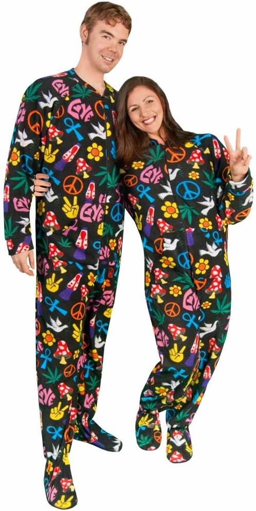 Adult Footed Pajamas Drop Seat Peace Sign Fleece