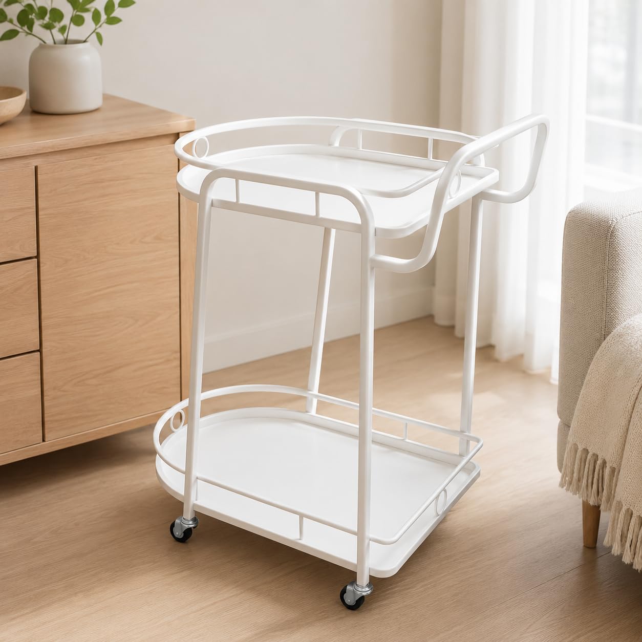 Carrello Cucina Salvaspazio con Ruote, Carrello Inox in Metallo per Hotel, Carrello Porta Vivande Multiuso, Bianco, Carrello a 2 ripiani grande