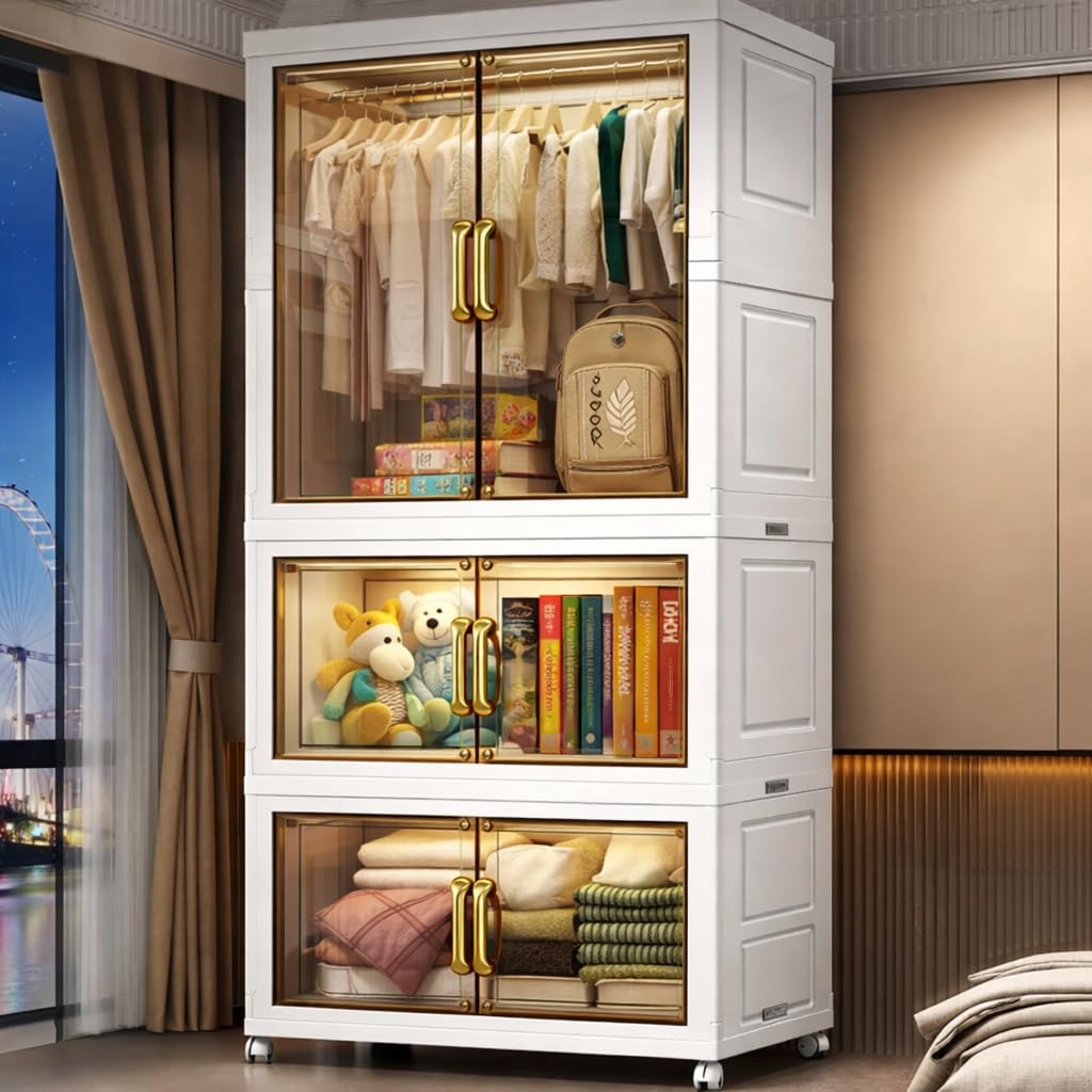EXVITO Modular Plastic Wardrobe for Bedroom | 1 Tier+2 Bins Foldable Cupboard with Hanging Rod | Stackable Storage Almirah for Clothes with Wheels | Multi-Layer Plastic Storage Cabinet-(TRAN)