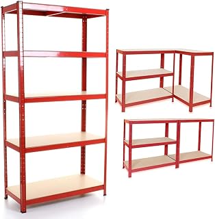 BRIEFNESS Shelving Unit for Garage Shed Storage, 5 Tier Shelf Unit, Boltless Racking, Free Standing Work Bench, Heavy Duty Metal and MDF Shelves, 875kg Capacity, H 180 x W 90 x D 40 Cm - Red