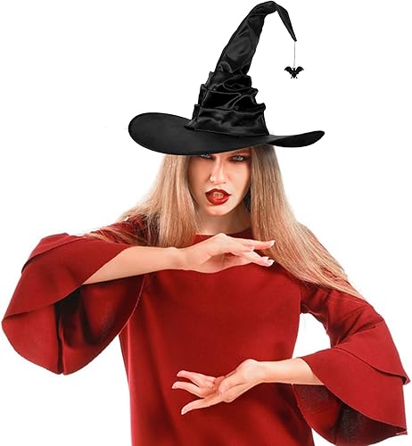 Miniatura 10 de Sombrero de bruja de Halloween para mujer, sombrero de mago plisado negro, sombrero de araña con colgante de murciélago para Halloween, fiesta de