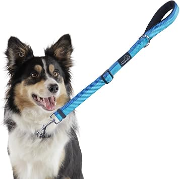 Short Dog Leash, 3ft Heavy Duty Reflective Adjustable Strong Lead, Soft Padded Traffic Handle, for Walking Training Medium Large Dog that Pull - Blue