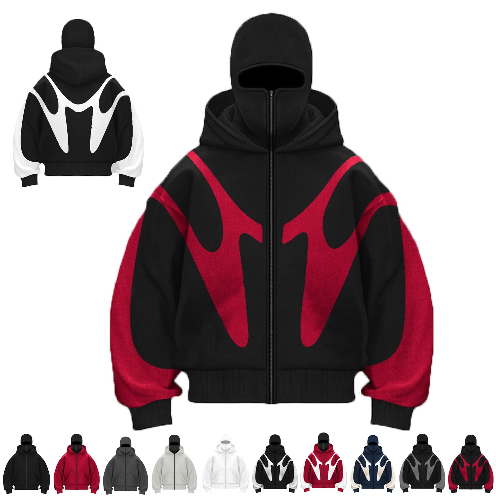 Mghn Men's Black Red Balaclava Hoodie Zipper, Winter Wind-Resistant Hoodies Balaclava Double Hooded Fleece Zip Jacket With Mask(,M)
