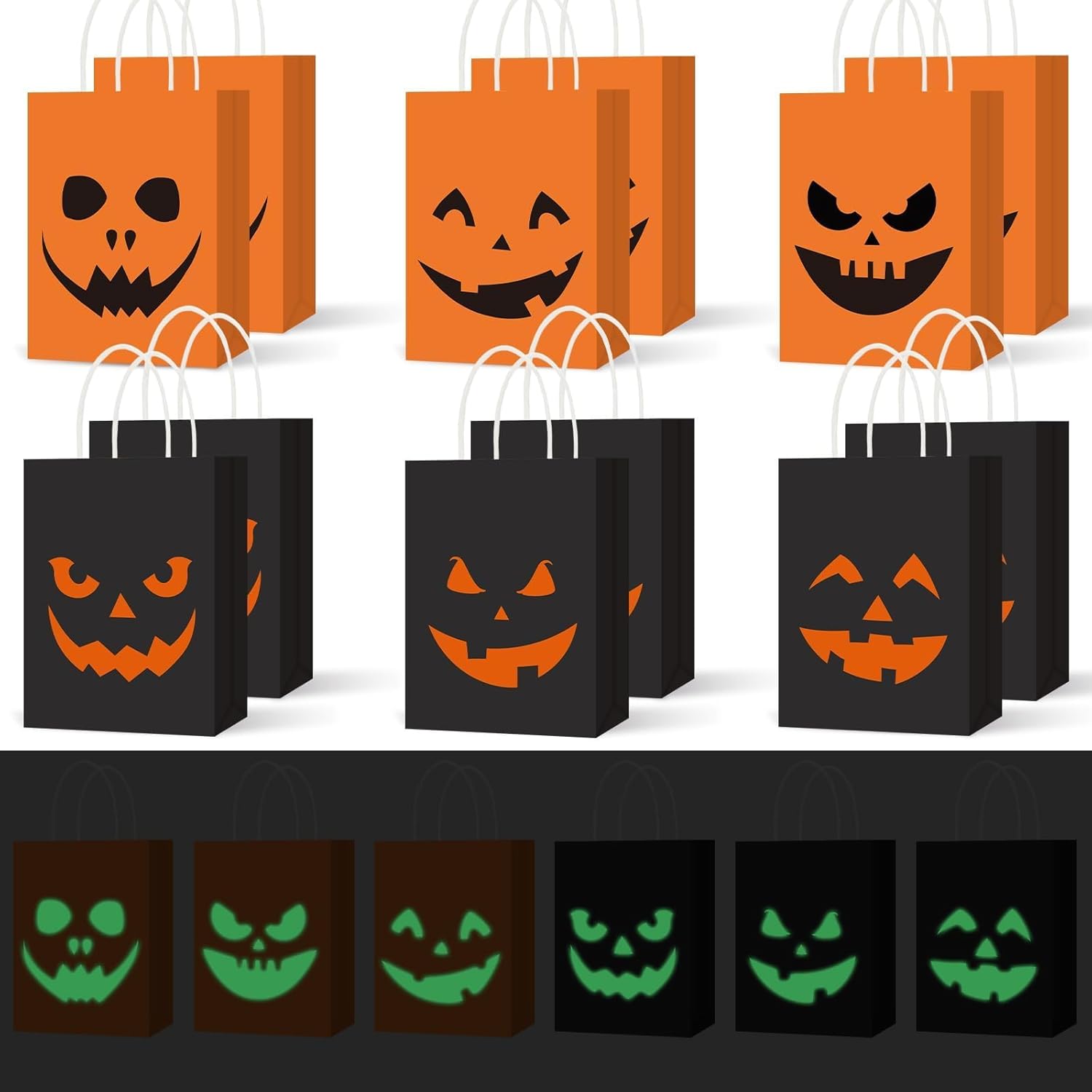 SAYAYA 36 Pcs Halloween Kraft Paper Treat Bags Glow in The Dark Pumpkin Paper Gift Bags with Handles for Trick or Treat Goody Gift Halloween Party Favors Supplies