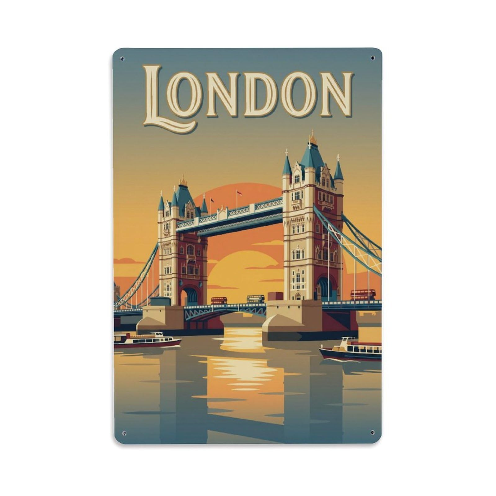 Vintage Travel London Tower Bridge Sunset Clean England Metal Tin Sign Plaque Wall Decor for Cafe, Club Bar, Office, Home Garden Metal Poster 8x12Inch