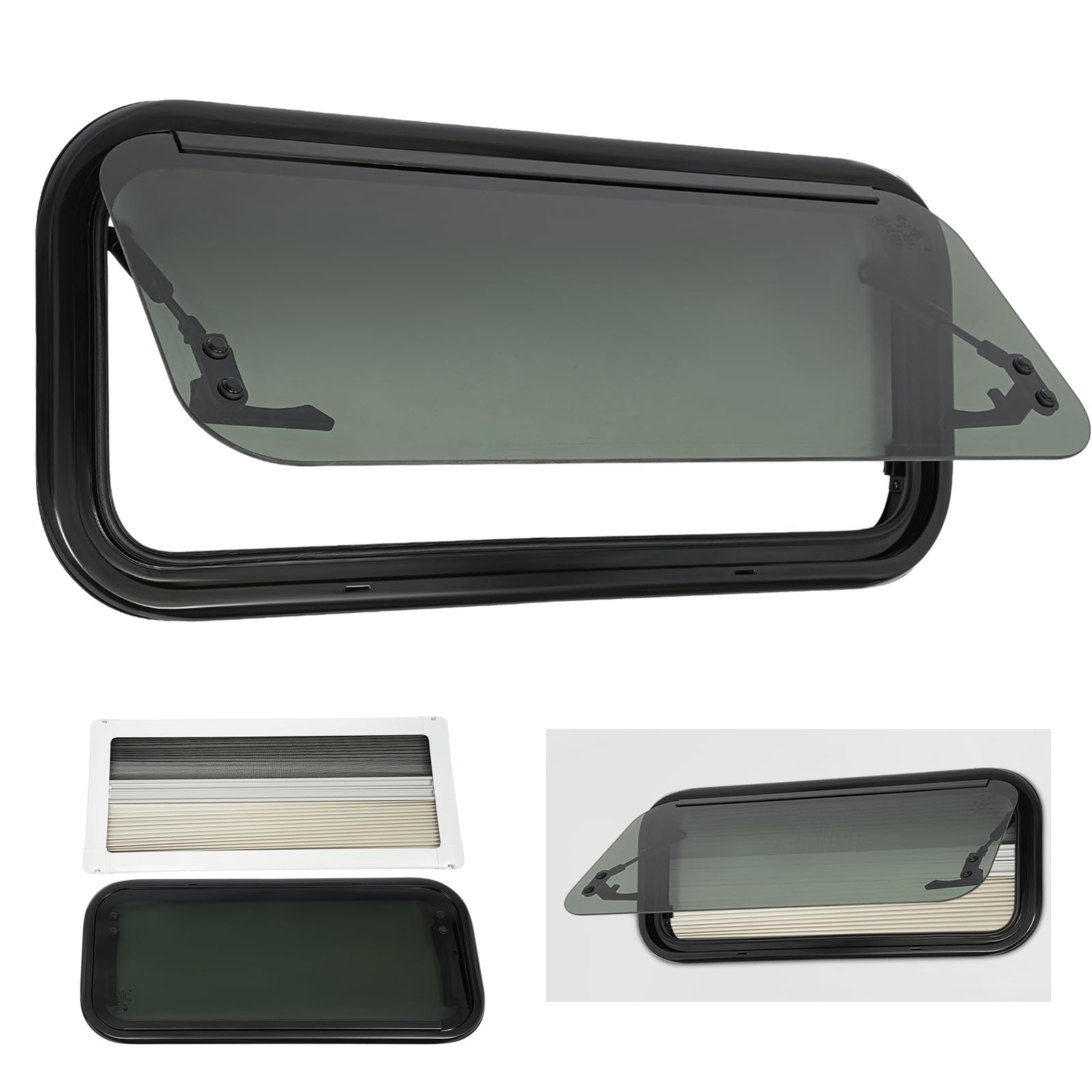 Ventana de caravana 70 x 30 cm, ventana de autocaravana, RV, empuje externo, 85°, ventana de exposición, con oscurecimiento, para caravanas, furgonetas, coches, barcos (esquinas redondas)