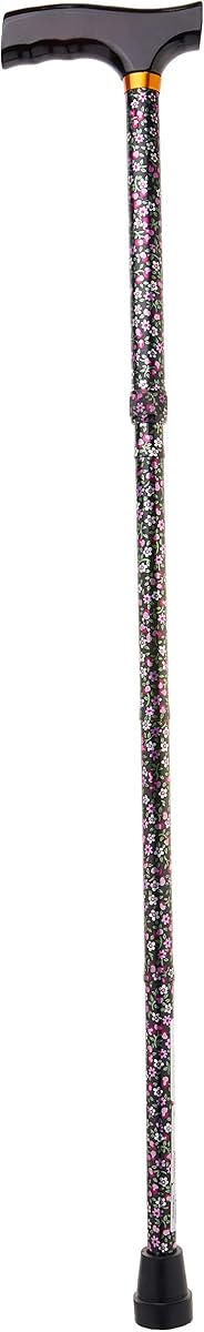 Bastón plegable ligero Drive Medical con mango en T, negro floral | Bastón plegable liviano con cómodo mango en T y patrón floral negro para soporte diario