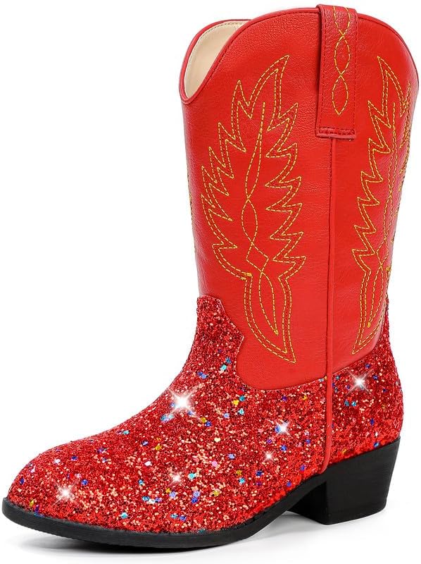 Cowgirl Boots for Little Girls Mid Calf Pointed Toe Kid Cowboy Boots Side Zipper Classic Embroidered Western Boots Horse Riding Shoes Party for Toddler Little Big Kids