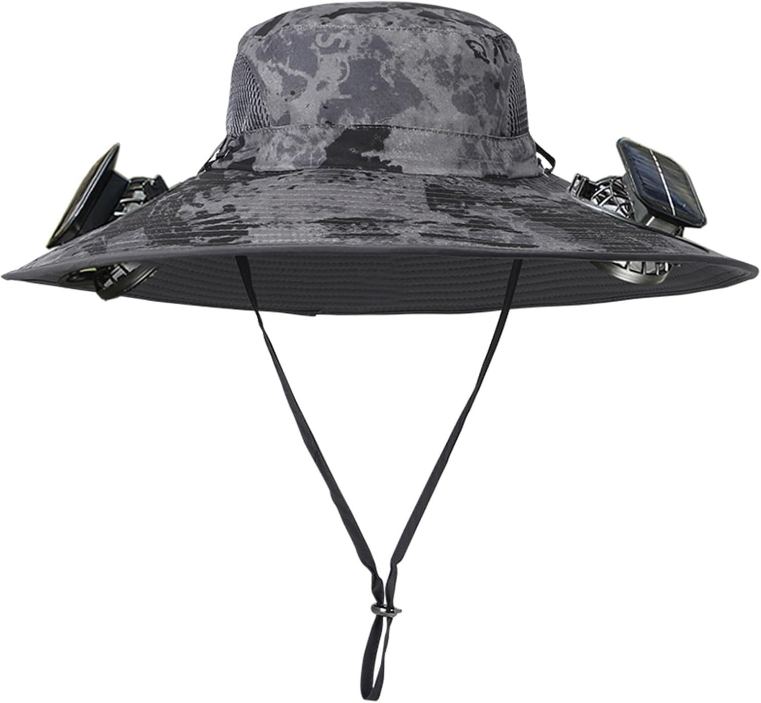 WOMGKDA Solar Powered Cooling Hat with 2 Fans Unisex Wide Brim Bucket Hat Waterproof Breathable for Fishing Hiking Outdoor Activities, Ink Dark Grey, One Size