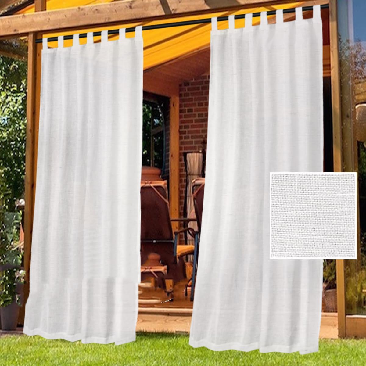 Waterproof Outdoor Curtains for Patio Premium Thick Tab Top Linen Textured 2 Panels Curtain 95 inch Length Privacy Assured Outside Curtains for Porch, Pergola, Cabana (Natural, 52''x 95'')