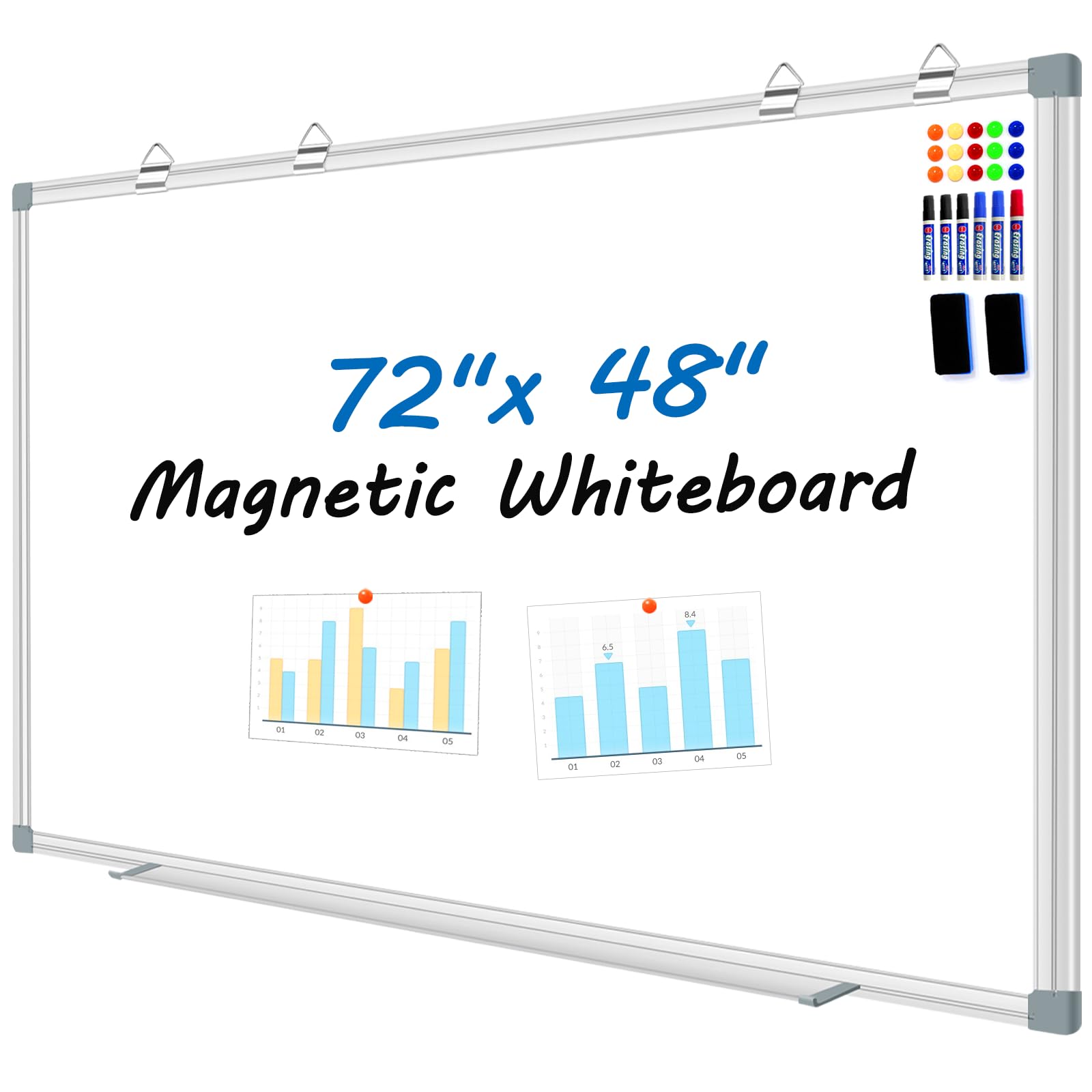 H-Qprobd 6'x4' Large Magnetic White Board Dry Erase Whiteboard with Aluminum Frame, 72"X48" Hanging White Boards for Wall with Long Pen Tray,