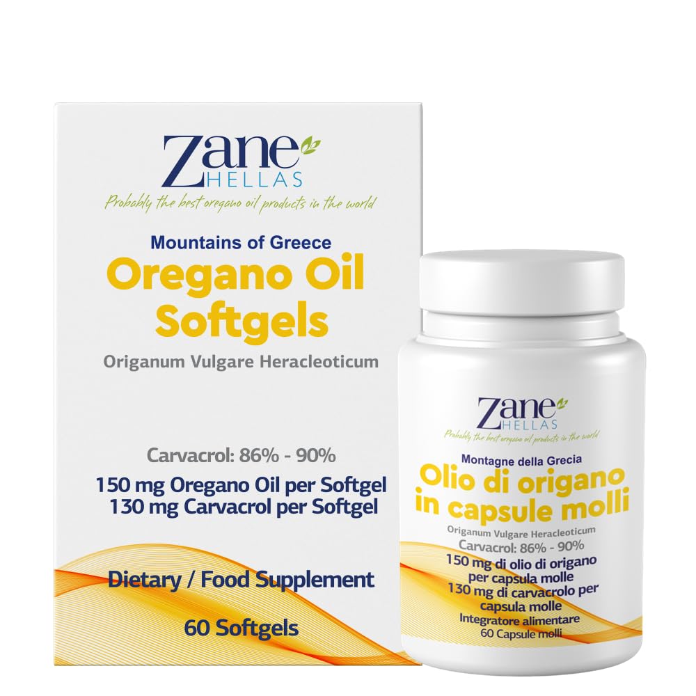 Zane Hellas Oregano Oil Softgels. La più alta concentrazione del mondo. Ogni Softgel Contiene 30% di Olio Essenziale Greco Puro di Origano. 130 mg di Carvacrolo per Softgel. 60 softgels.