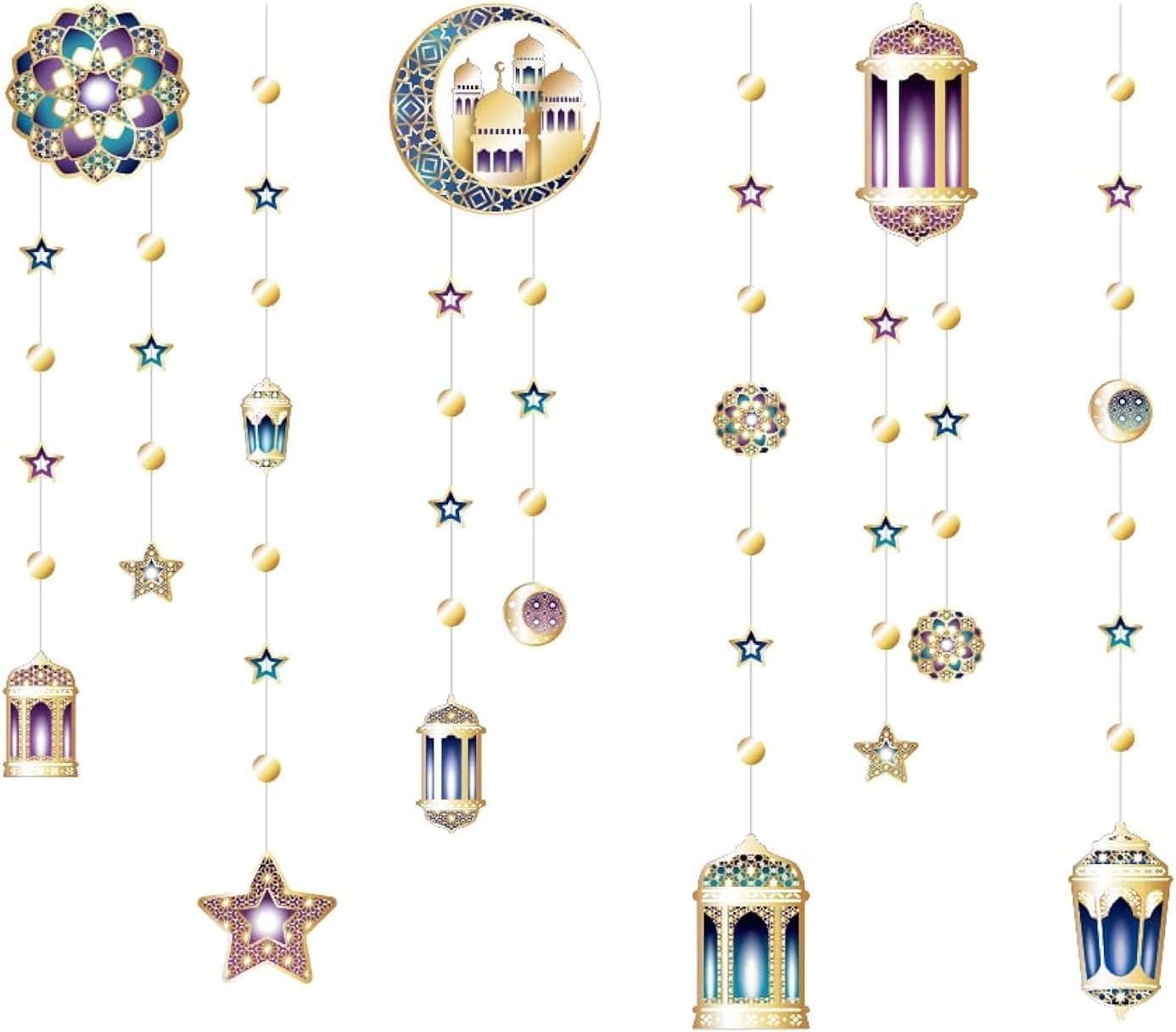 6 pcs Shinning Lantern Crescent Moon Star Garland Kit for Ramadan Party Decoration Hanging Moon Stars Banner Streamer Decorations Islamic Birthday Bday Wedding Ramadan EID Party Supplies