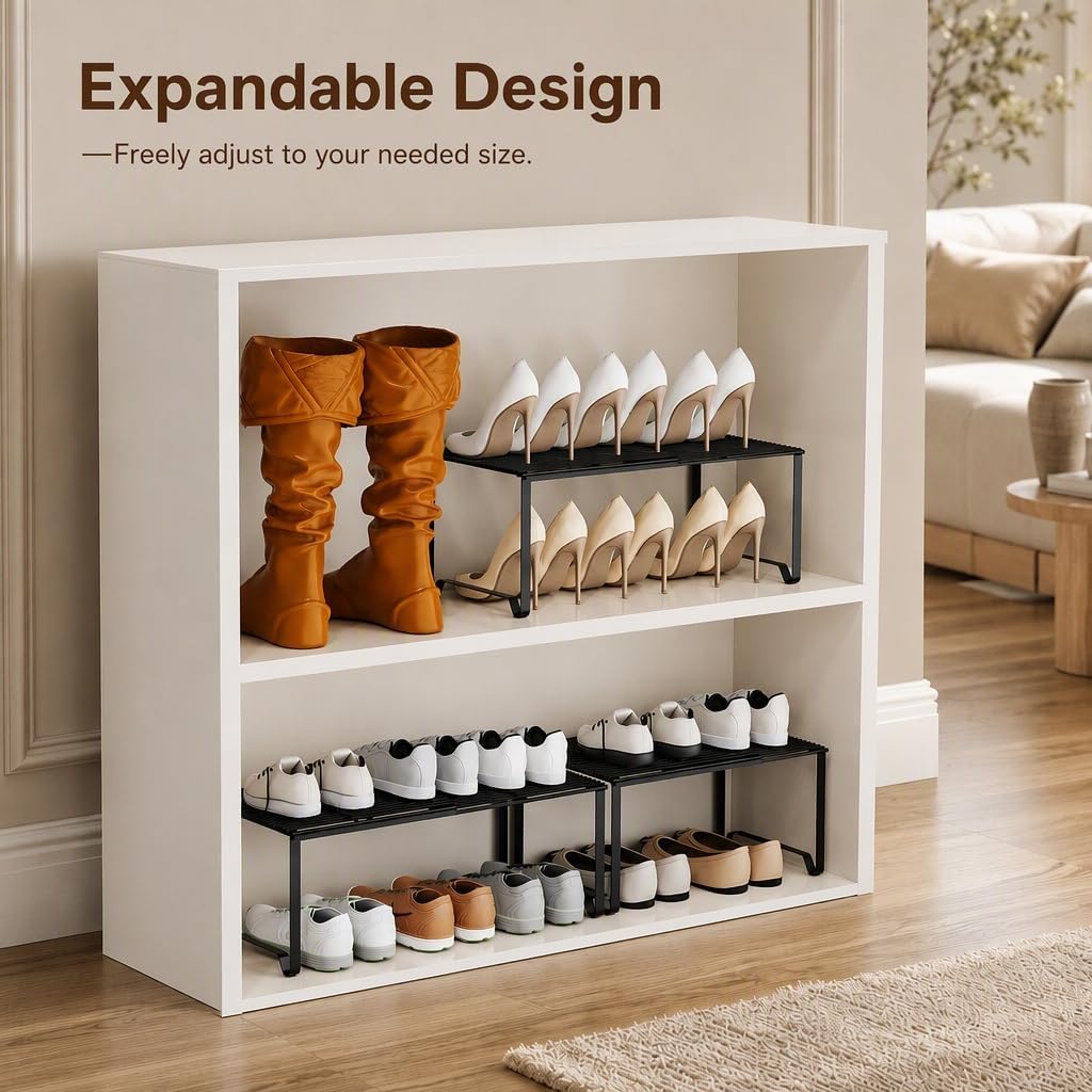 Extendable Metal Wire Shelf Organizer - Adjustable 15-24.4in Length, Stackable Storage Rack for Kitchen/Pantry/Bathroom/Shoe Cabinet/Tool Closet (4,Black) image 5