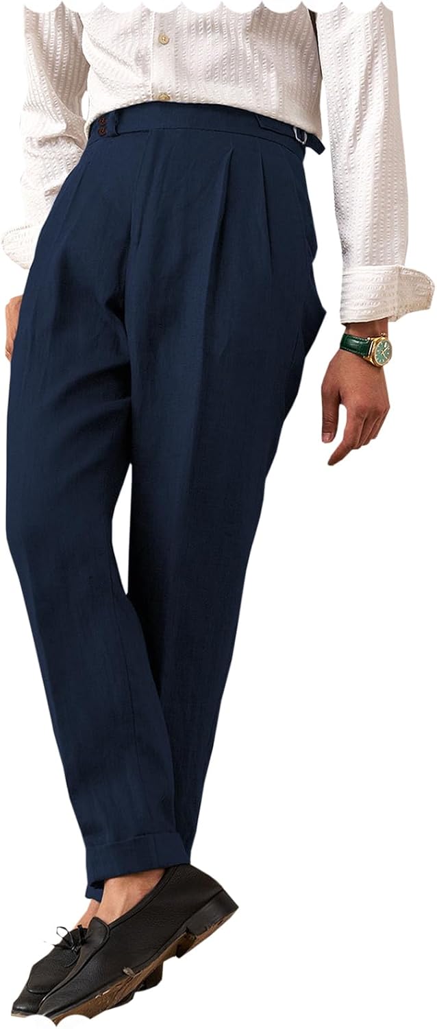 Men's Medium Linen Pants Casual High Waist Adjustable Pants Summer Beach Lightweight Pants Italian Style