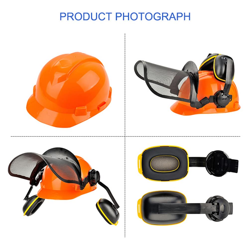 Casco di Sicurezza con Visiera e Paraorecchie, Elmetto Forestale in HDPE con Visiera in Rete d'Acciaio Arancione
