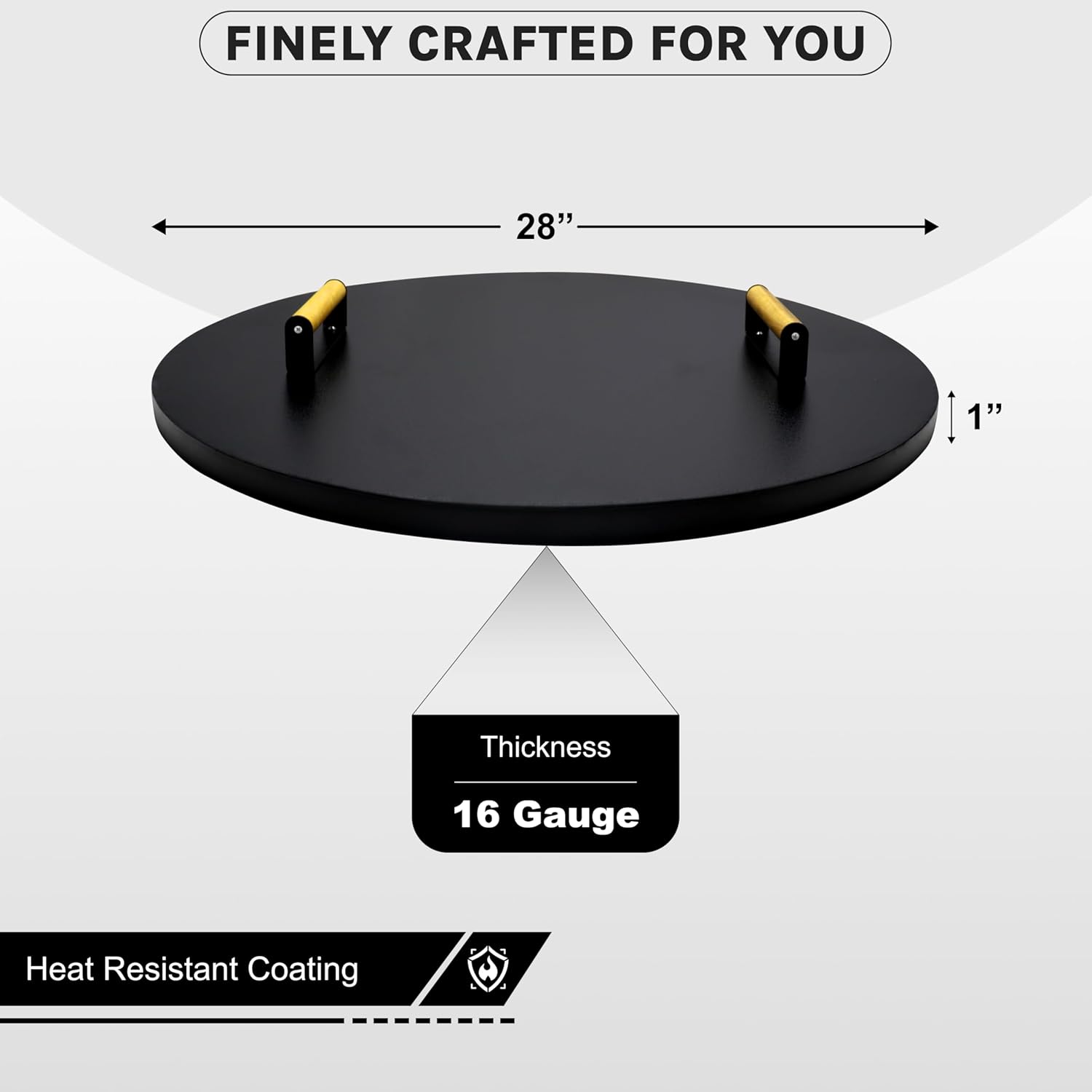 28” Round Fire Pit Lid – Heat Resistant fire Pit Cover Round Metal for Outdoor Fireplace -16 Gauge Steel Flat Fire Pit Burner Pan Cover with 2 Wooden Handles Snuffer Lid for Patio FirePit Ring