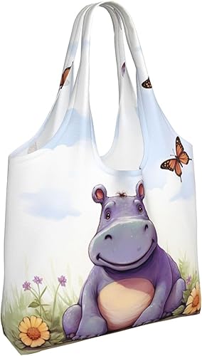 Miniatura 2 de Bolsa de lona con estampado de mariposa e hipopótamo, bolsa de mano estética, bolsa de compras reutilizable para mujeres y hombres, bolsa de regalo,