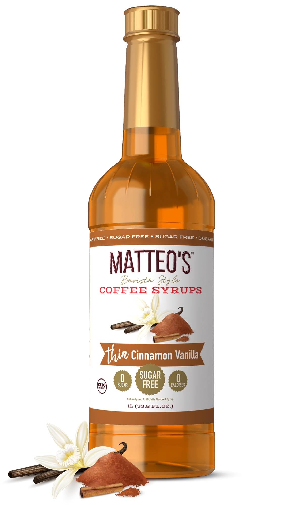 Matteo's Cinnamon Vanilla Syrup for Coffee, Lattes, Cappuccinos & Desserts – Sugar-Free Sweetener for Beverages, Keto Friendly, Zero Calories, Indulgent Flavor, Non-Alcoholic, 33.8oz (1pk)