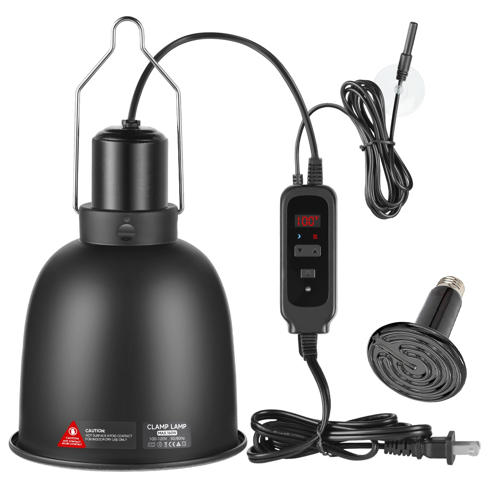 DXOPHIEX 5.5inch Reptile Heat Lamp with Thermostat, Reptile Light Fixture with Dimming Thermostat, Deep Dome Lamp Fixture with 100W Ceramic Heat Emitter for Bearded Dragon, Turtles, Snake and Lizard