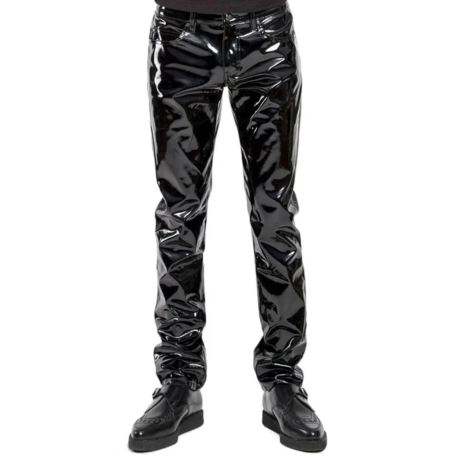 WEITING Pantaloni da Uomo in Lattice Lucido Pantaloni in Pelle PVC Moto Discoteca Spettacolo teatrale Leggings Effetto Bagnato Casual Streetwear Pantalon-Nero-S