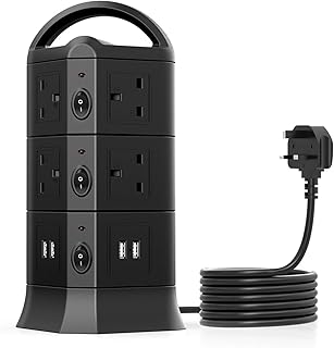 10 Way Outlets Tower Power Strip with 4 USB Ports,5V/3.1A Per Port Max With Overload Protection,Extension Long Cord 2M, MiiKARE Flat Plug Tower Extension Lead for Home Appliances Phones Laptops- Black
