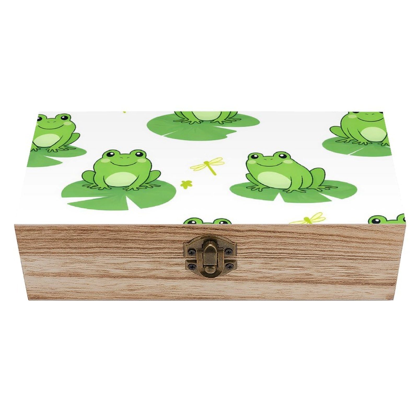 SMAZDFXX Frog Animal Green Frogs Wooden Storage Box With Hinged Lid Decorative Front Clasp Keepsake Boxes