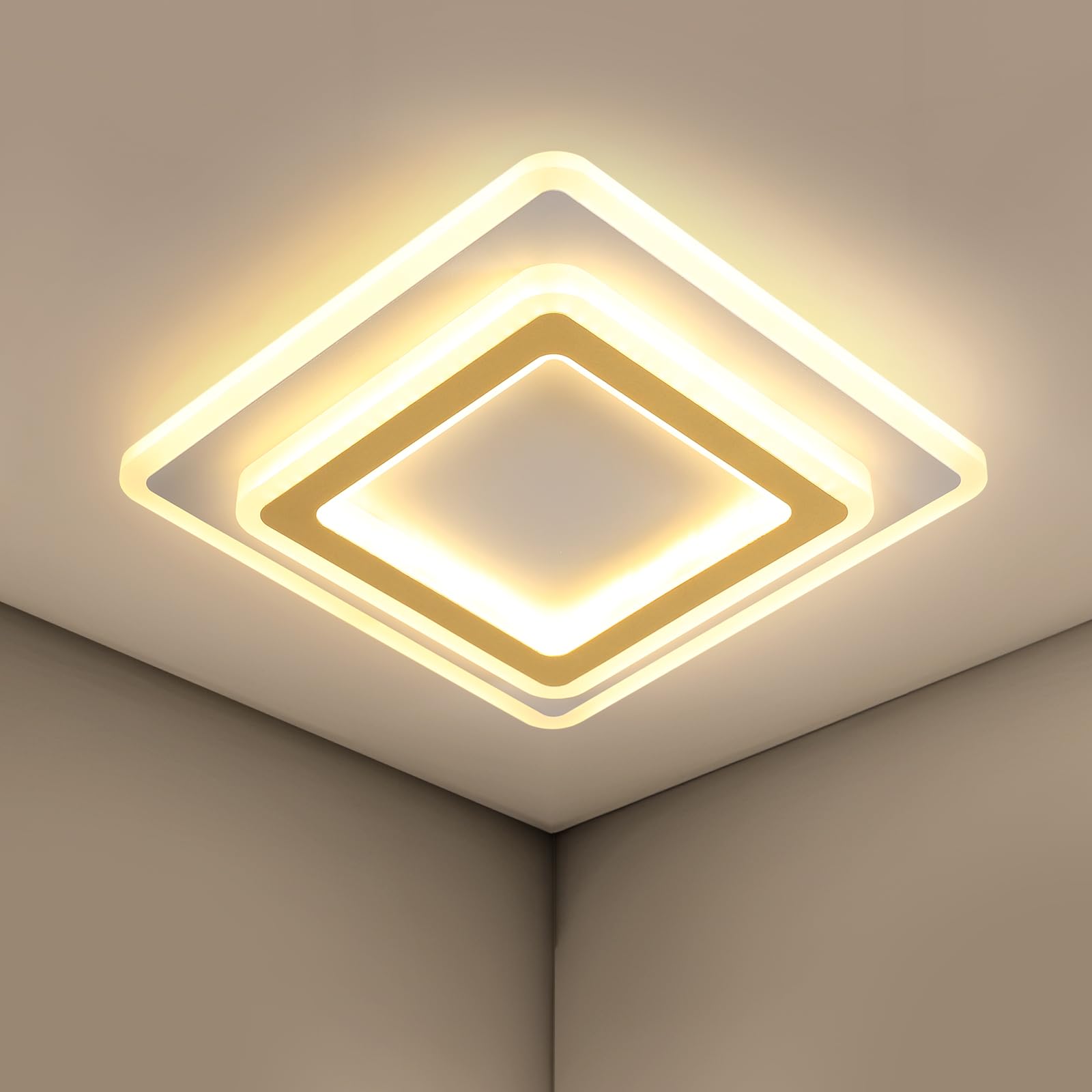 Goeco Plafoniera LED Soffitto Moderna Oro, 44W Lampada da soffitto Quadrata, 3000K Bianca Caldo Plafoniera in Acrilico per Soggiorno, Camera da Letto, Cucina, Corridoio, 29CM