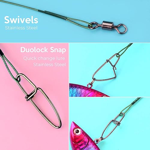 Miniatura 2 de Líderes de Pesca, Línea de Pesca de Alambre de Acero Inoxidable con Conexión Giratorio y Encaje, Kit de Equipo y Accesorios de Pesca para Señuelos,