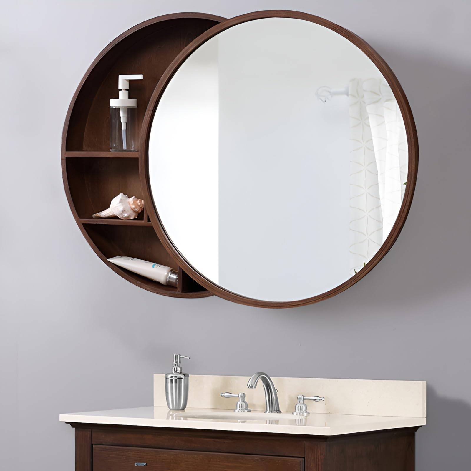 Armoire de salle de bain en noyer avec miroir rond – Meuble mural élégant pour salle de bain, entrée, salon, chambre à coucher, station de maquillage (50 cm)
