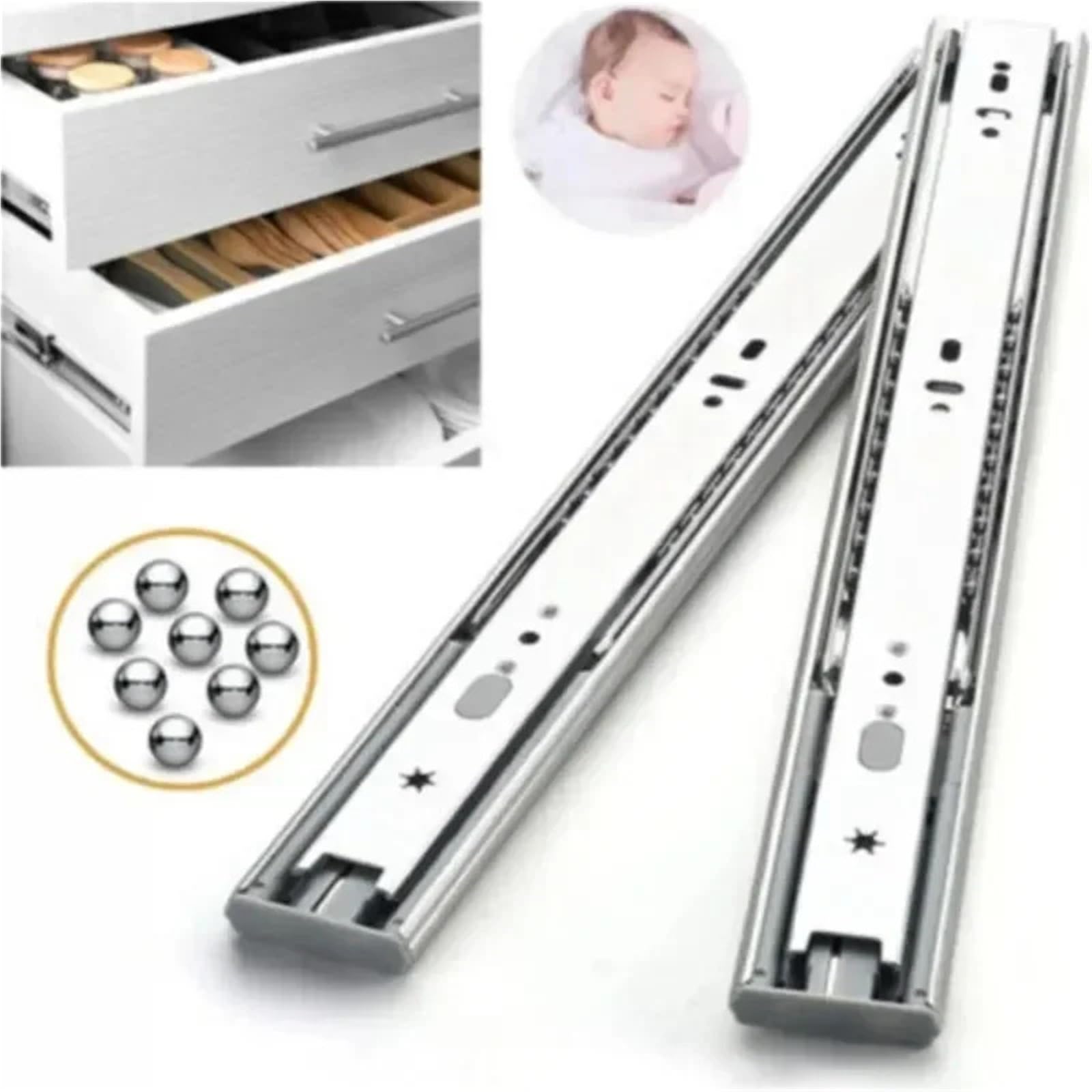 2 guide for cassetti a tre sezioni in acciaio inossidabile con chiusura ammortizzata, armadio di stoccaggio guida scorrimento for carichi pesanti Per Mobili(12inch 30cm)