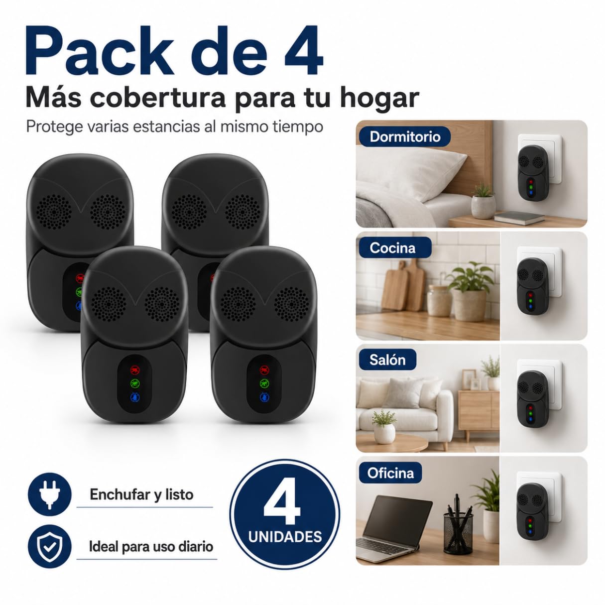 Antimosquitos Electrico Enchufe Pack 4 , Repelente Ultrasonico para Interior, Repelente Mosquitos Eléctrico y Enchufe Anti Insectos para Hogar, Anti Cucarachas, Hormigas, Moscas y Ratones Sin Químicos