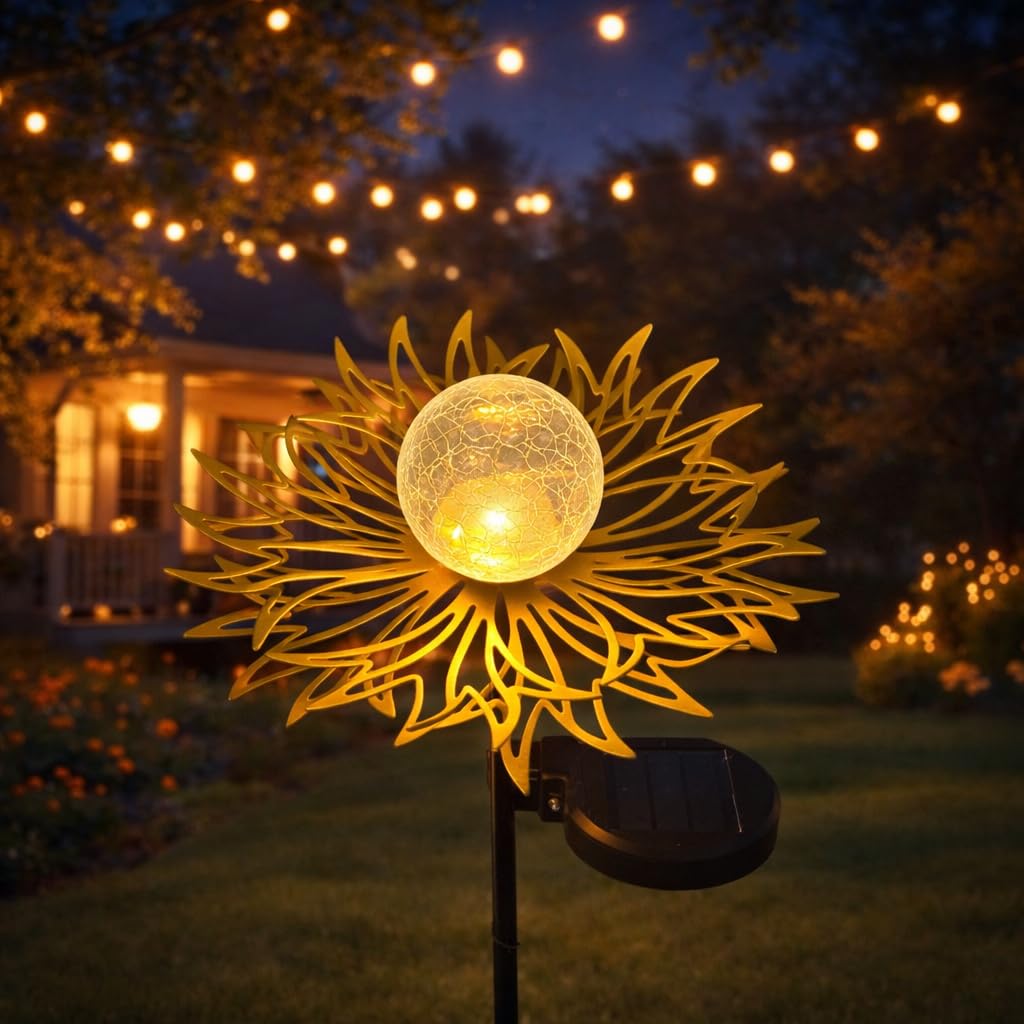 Solar-Gartenleuchten für den Außenbereich, Metall-Blumenstecker mit warmweißer Glaskugel, wasserdicht, dekorative Solar-Hofkunst für Terrasse, Rasen, Hinterhof, Weg, Gartengeschenk (Gold)
