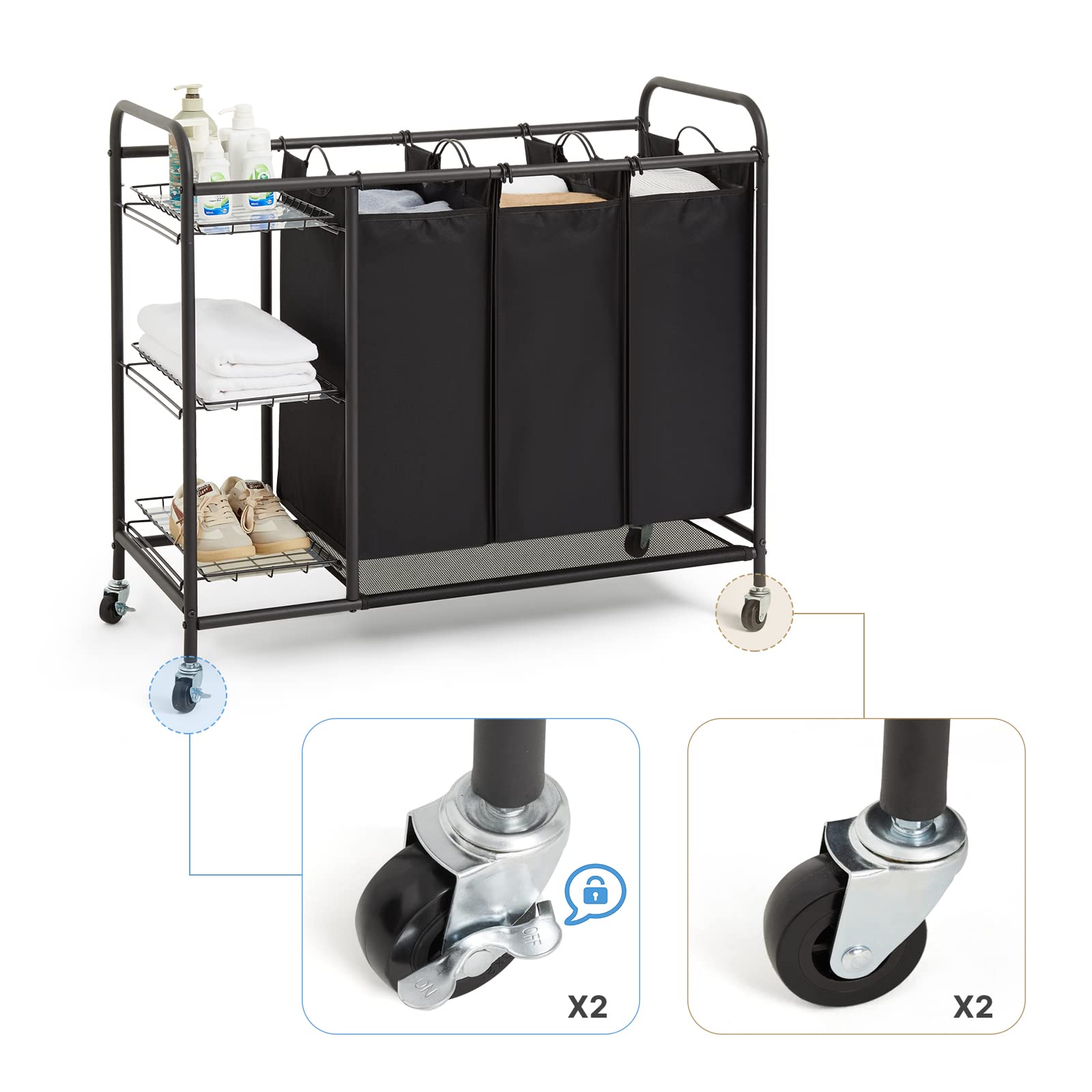 Meerveil Carrello Porta Biancheria con 3 Sacchi Rimovibili, Ceste per Bucato con Rotelle Universali