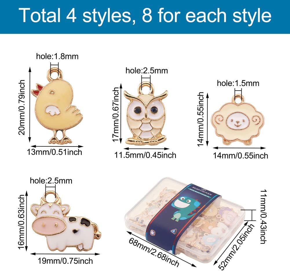 Beadthoven 32pcs Owl Sheep Cow Chicken Enamel Charm Pendants Mixed Color Small Metal Cute Animal Charms Dangle Beads for DIY Necklace Earring Bracelet Jewelry Making Supplies