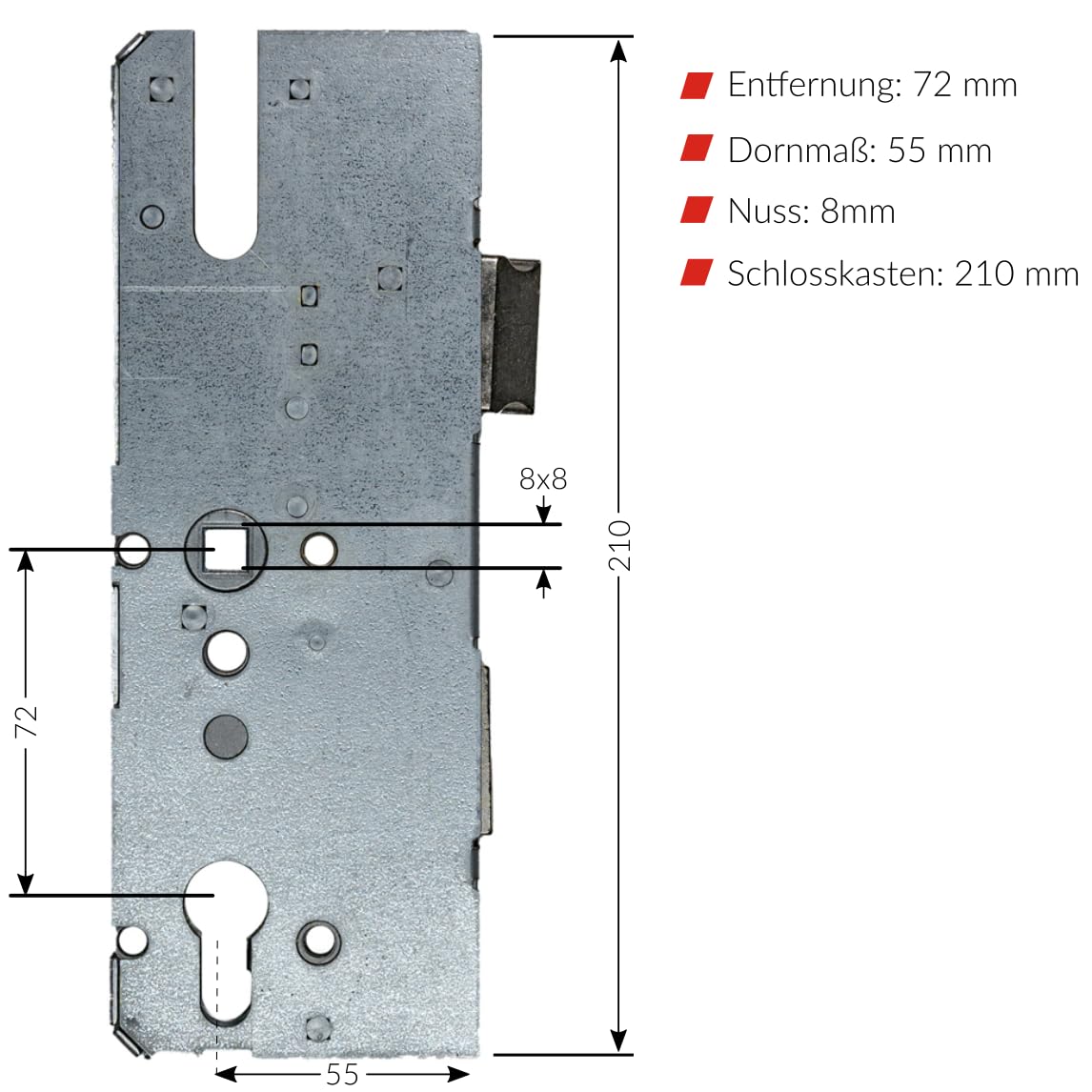 KFV Reparaturschloss 8072 | Einsteckschloss Renovierungsschloss für Mehrfachverriegelungen - Schlosskasten zur Reparatur oder Instandsetzung | Entfernung 72mm, Dornmaß 55mm