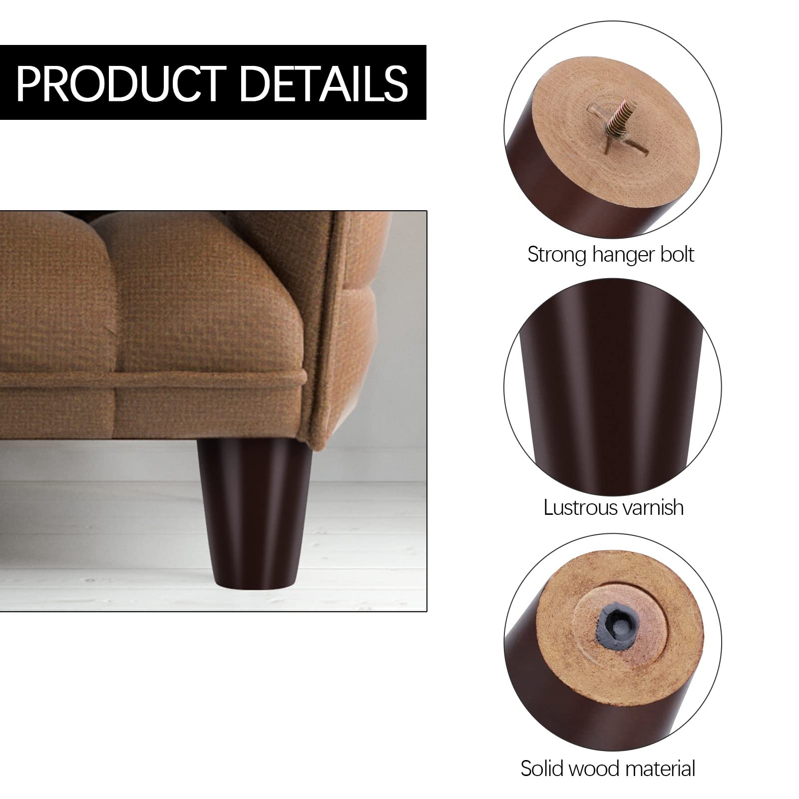 TURSTIN 8 Pieces Furniture Legs 3 Inches Round Solid Wood Furniture Feet Couch Legs Sofa Legs Replacement Legs for Armchair, Cabinet, Chair, Dresser or Home DIY Projects, Brown