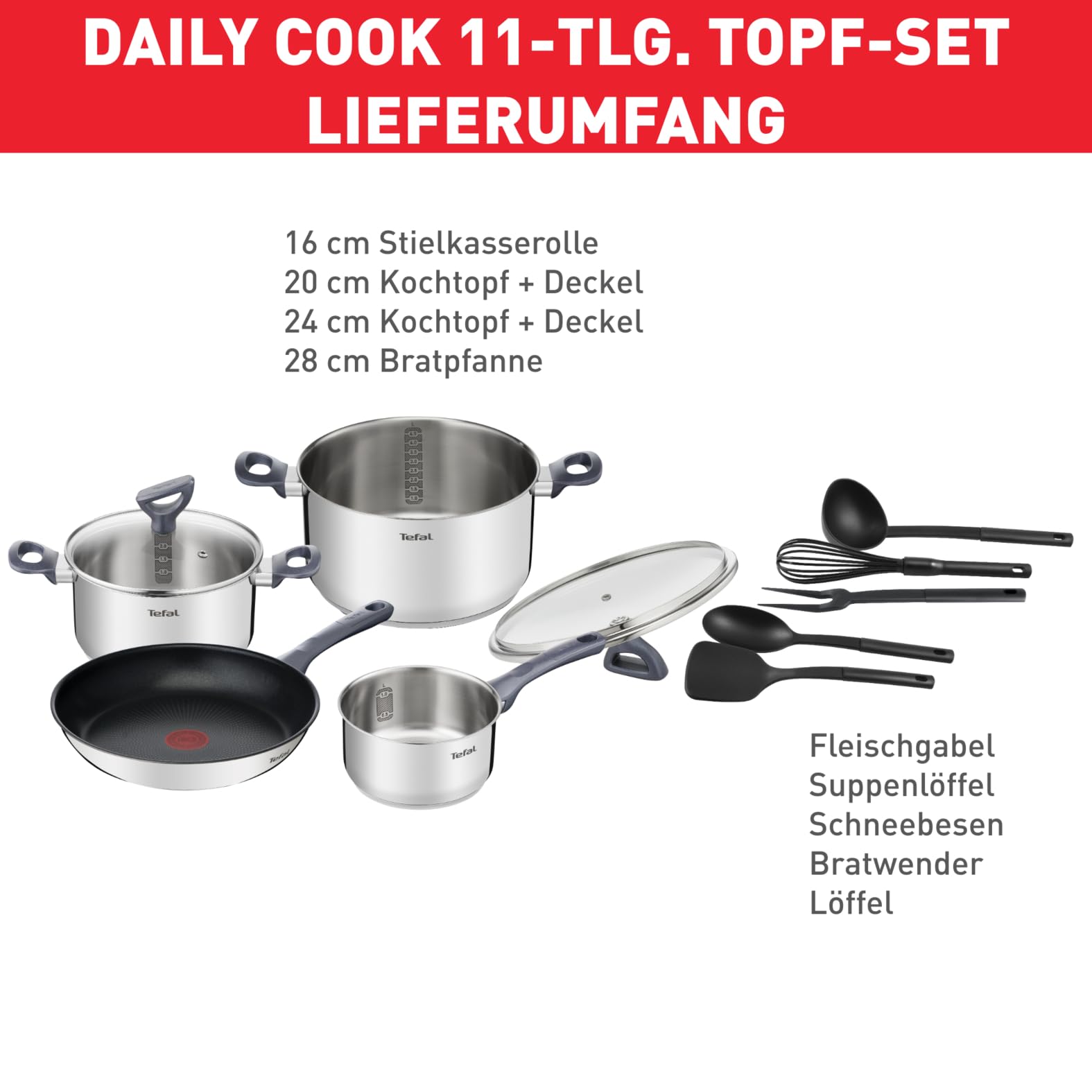 Tefal Daily Cook 11-tlg. Kochgeschirr-Set Edelstahl – Töpfe & Pfannen mit Glasdeckel, Induktion geeignet, für alle Herdarten, Antihaft, spülmaschinengeeignet, backofengeeignet, G713SB