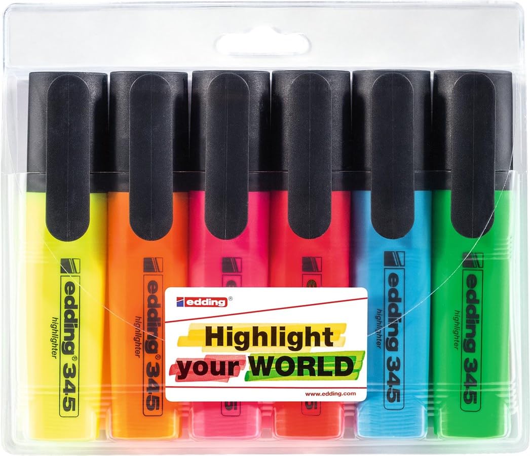 edding 345 marcador fluorescente - juego de 6 - punta biselada de 2-5 mm - ideal para hacer marcas brillantes y resaltar pasajes de texto y notas
