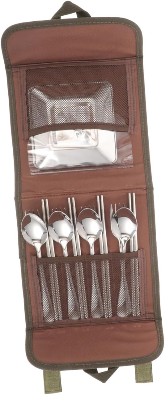 Outdoor Stainless Steel Camping Cutlery Set for 4 People – Portable Picnic Tableware with Spoon, Chopsticks, Fork, and Plate – Barbecue Flatware for Hiking and Outdoor Dining